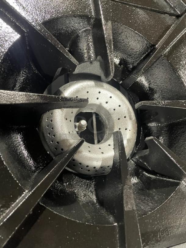 American Range commercial stainless steel gas burner detail, part of front-to-back double stock pot range, excellent condition.