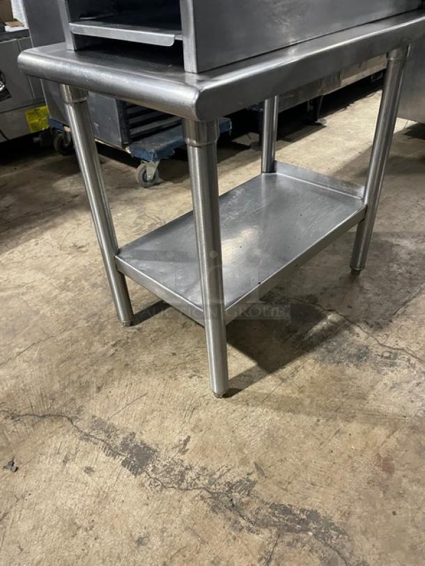 American Range stainless steel double stock pot range with single undershelf equipment stand. Used, commercial-grade.