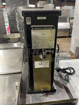 Ditting commercial black electric countertop coffee bean grinder, features operating instructions and manufacturer label, in used condition.