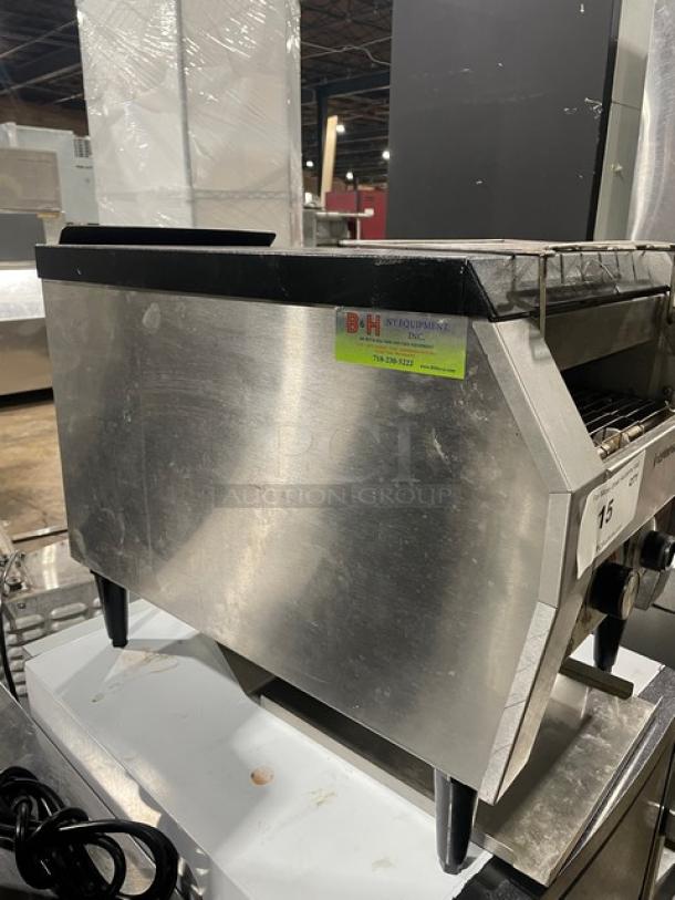 Hatco TQ-20BA stainless steel conveyor toaster on legs, electric-powered, 208V 1 phase, model label visible.