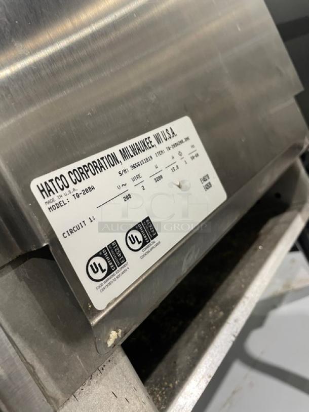 Hatco Toast-Qwik TQ-20BA conveyor toaster, stainless steel, electric, serial 3656151819, UL certified, 208V, 1 phase.