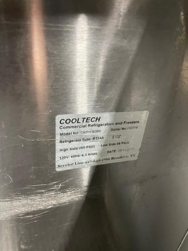 CoolTech Commercial Stainless Steel 2-Door Bain Marie Prep Table, Model CMPH60BM, includes poly-coated wire rack, 120V, on casters.