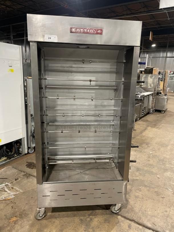 Attias commercial stainless steel gas rotisserie cabinet, full-height, free-standing, on casters, used condition.