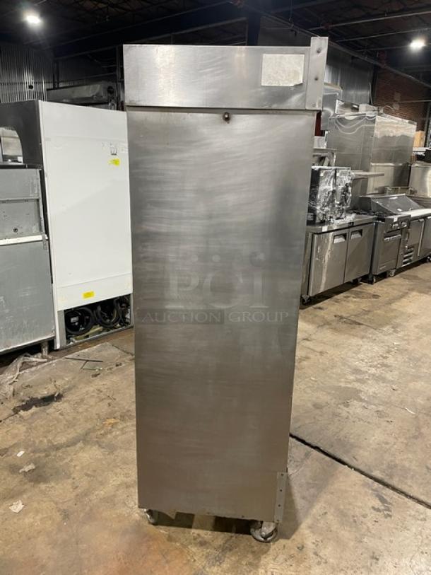 Attias commercial stainless steel gas rotisserie cabinet on casters, full-height, freestanding, used condition.