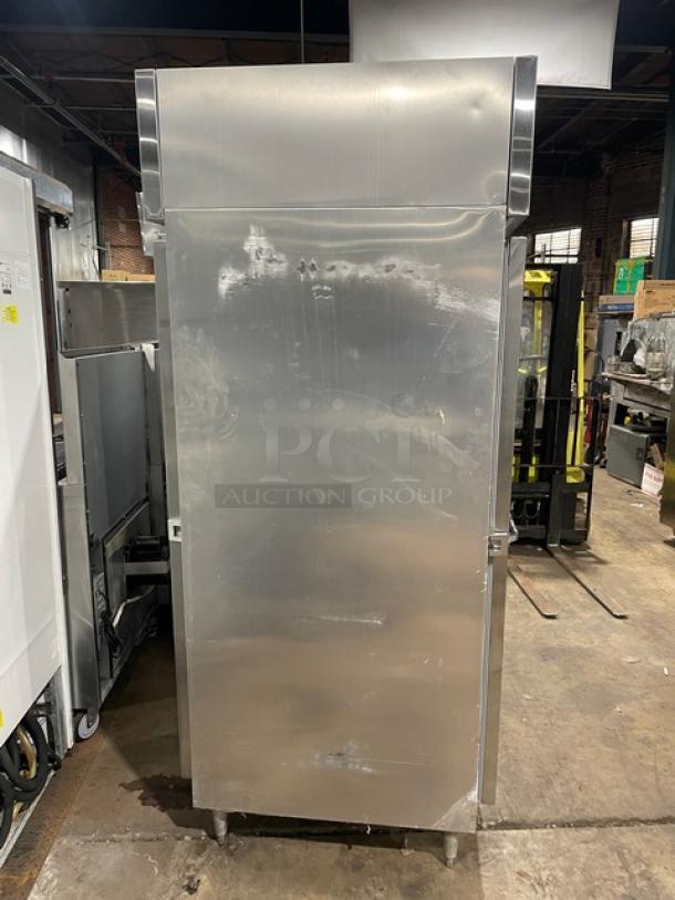 Continental Designer Line DL1RE-PT stainless steel single door pass-thru refrigerator, built-in pan slide, on legs, 115V 1 phase.