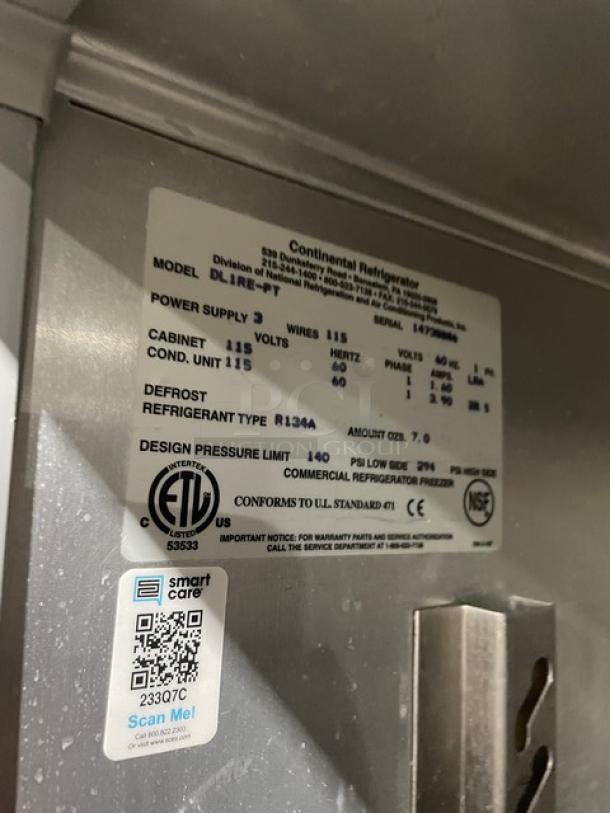 Continental DL1RE-PT refrigerator label showing model, power supply, refrigerant type, with EUL and NSF certifications.