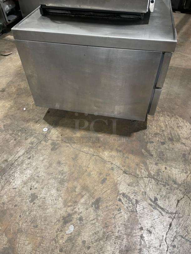 Beverage-Air stainless steel 2-drawer refrigerated chef base, model WTRCS36-1-003, on casters, 36", 115V, for commercial use.