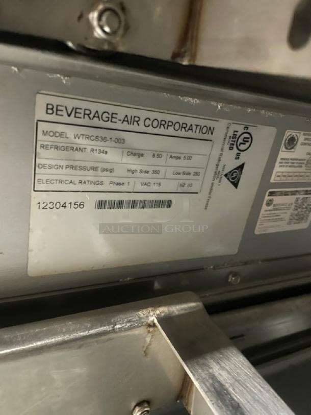 Beverage-Air stainless steel 2-drawer refrigerated chef base, model WTRCS361003, with caster wheels, SN: 12304156.