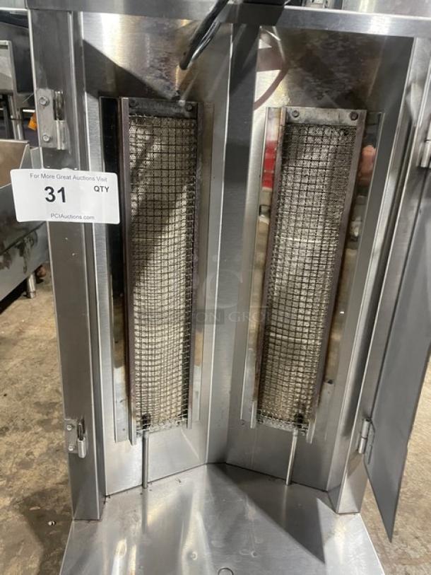 Star Max Series countertop vertical gyro broiler, stainless steel, natural gas, 120V, on legs, commercial use.