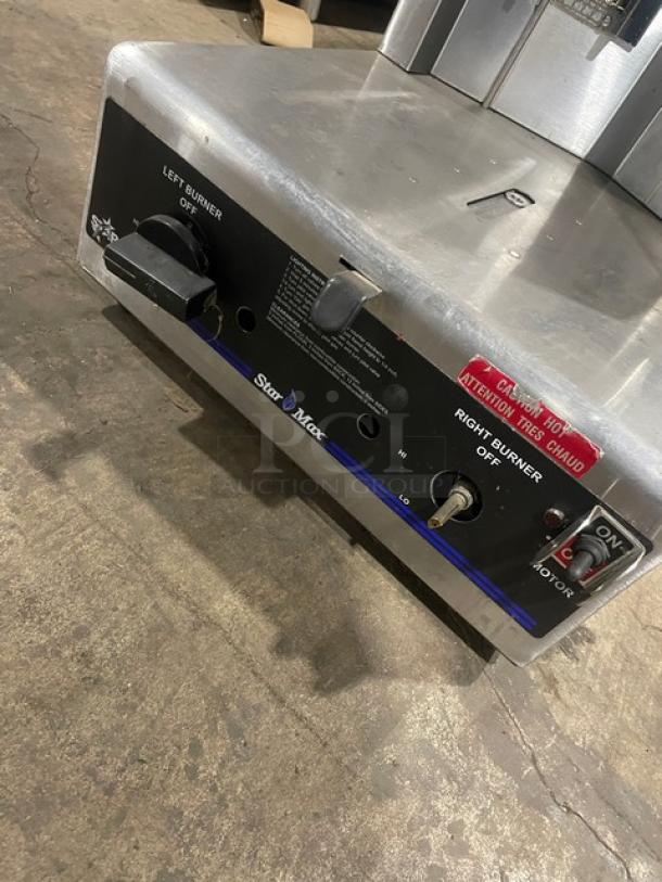 Star Max Series stainless steel gyro broiler, natural gas, 120V 1 Phase, on legs, featuring control panel with burner switches.