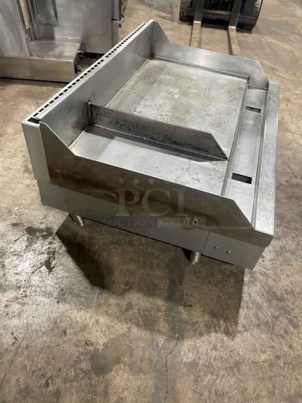 Woodstone WS-PL-4836-4-CT00NG stainless steel countertop plancha griddle with side and back splash, on legs, natural gas powered.