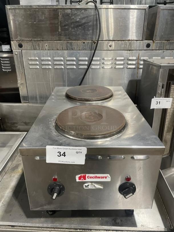 Cecilware commercial stainless steel 2-burner electric hot plate with control knobs and logo on front, mounted on legs.