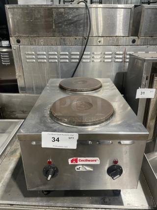 Cecilware commercial stainless steel 2-burner electric hot plate with control knobs and logo on front, mounted on legs.