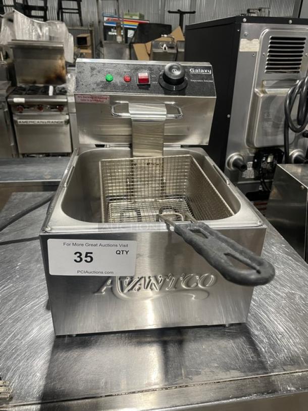 Avantco 177F100 stainless steel countertop deep fat fryer with backsplash and fry basket, 120V, excellent condition.
