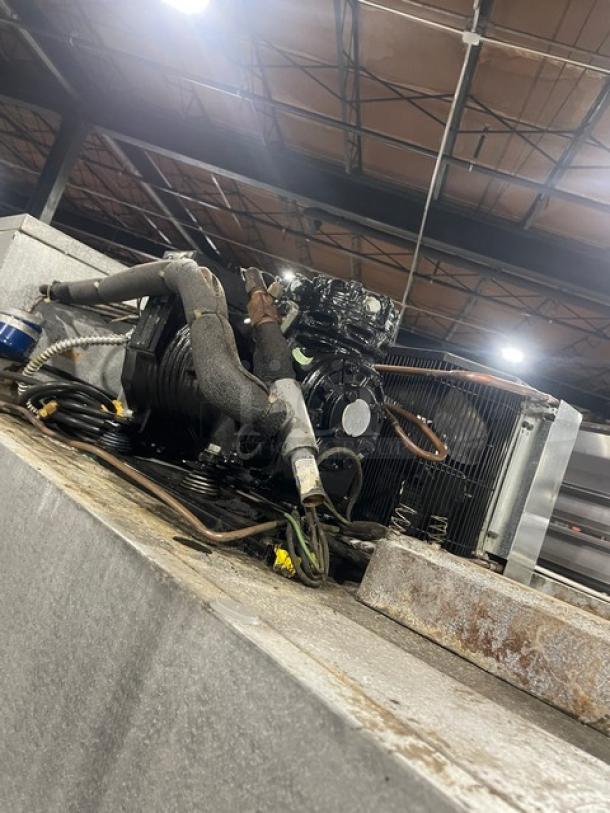 Traulsen commercial freezer refrigeration unit; wires and hoses visible, industrial setting. Model T15930D09, 115V, 1 phase.