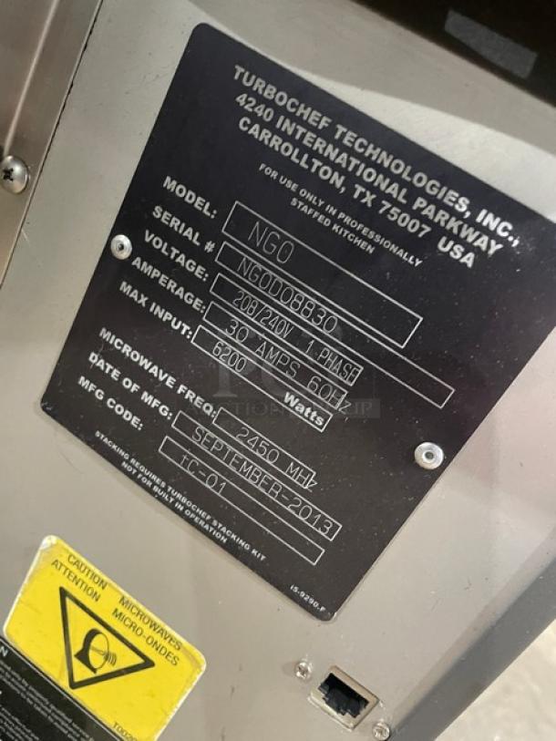 TurboChef NGO rapid cook oven, model NGODO8830, with digital controls. 208/240V, 1 phase, 6200W. Serial NGODO8830.