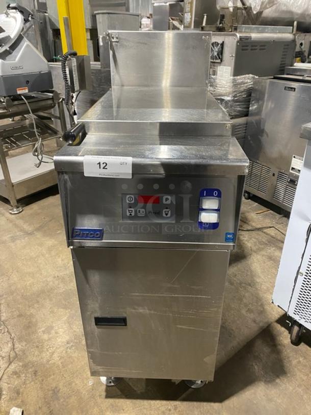 Pitco stainless steel electric pasta cooker, Model SRTE, with digital control, back splash, 16.5 gal capacity, on legs.