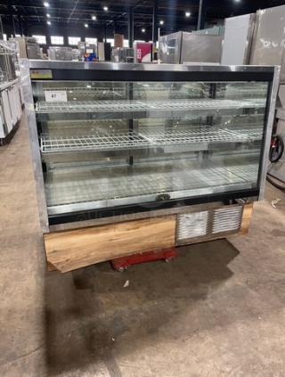 Marc Commercial Wooden Style 59" Flat Glass Refrigerated Bakery Display Case, Model SQBCR-59. Features poly coated wired rack, rear access sliding glass doors, and 115V 1 Phase power.