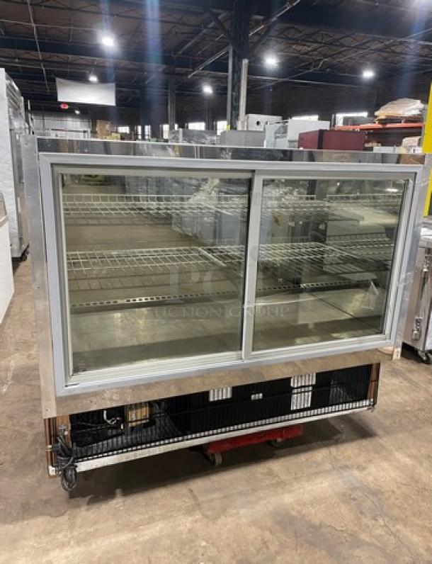 Marc SQBCR-59 bakery merchandiser display case, 59", refrigerated, wood style, poly-coated wire rack, rear sliding glass doors.