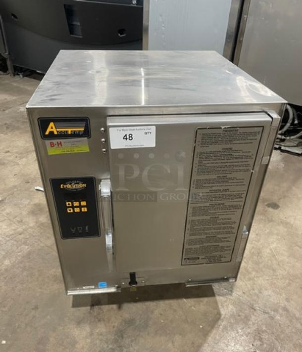 AccuTemp Evolution Series stainless steel electric convection steamer, model E62083E15000250, 6-pan capacity, on legs.