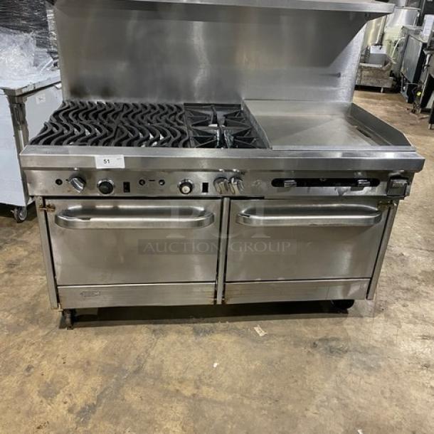 Southbend stainless steel gas 6-burner range with 24" flat griddle, double oven, backsplash, overhead shelf, on casters.