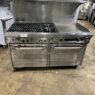 Southbend stainless steel gas 6-burner range with 24" flat griddle, double oven, backsplash, overhead shelf, on casters.