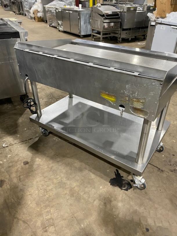 RARE Vulcan Checkers Style stainless steel natural gas countertop flat griddle with back & side splash, undershelf cart, on casters.