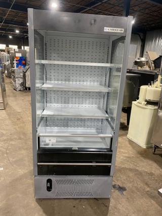 Beverage Air VM12 open-air merchandiser with adjustable shelving, model VM12, SN: 0426000-33154-0, in good condition.