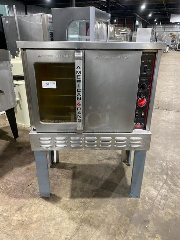 American Range commercial stainless steel gas convection oven, single stack, wired rack, on legs, good condition.