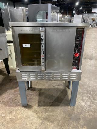 American Range commercial stainless steel gas convection oven, single stack, wired rack, on legs, good condition.