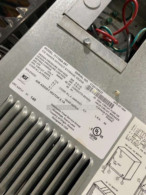 Manitowoc Indigo NXT Series ice machine model IY1106A-261, Energy Star certified, serial 1120168527, 208-230V, 1 phase.