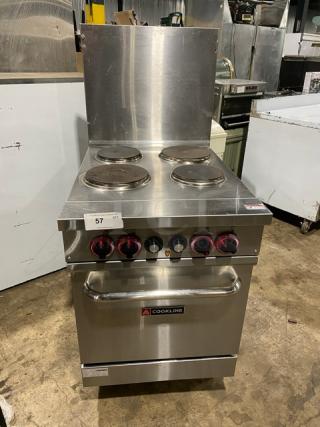 Cookline ER24-208 commercial stainless steel 4-burner range/oven combo with backsplash and wired rack, 208V, on legs.