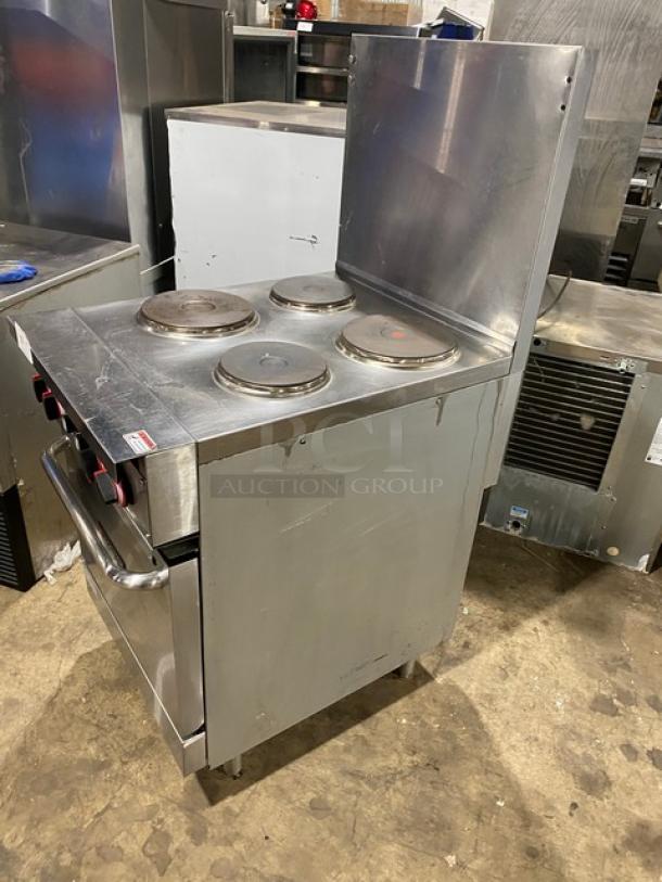 Cookline ER24208 commercial stainless steel 4-burner electric range/oven combo with backsplash and wired oven rack, on legs.