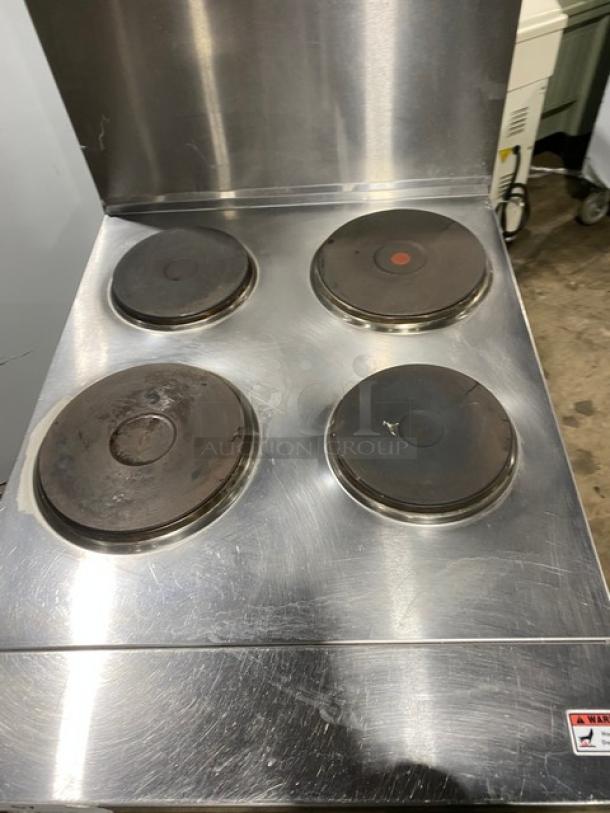 Cookline ER24208 commercial 4-burner range/oven combo, stainless steel, electric, 208V, with backsplash, wired oven rack.