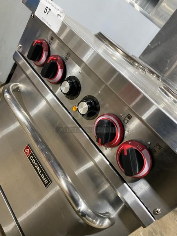 Cookline ER24208 commercial stainless steel 4-burner range/oven combo. Features knobs, backsplash, and wired oven rack.