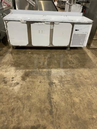 LIKE NEW Custom Cool stainless steel 3-door refrigerated 93" worktop table, model LB93SC, on casters, with pan rack.