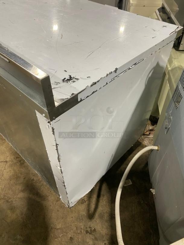 LIKE NEW! Custom Cool LB93SC stainless steel 3-door refrigerated worktop table, 93", built-in pan rack, on casters.