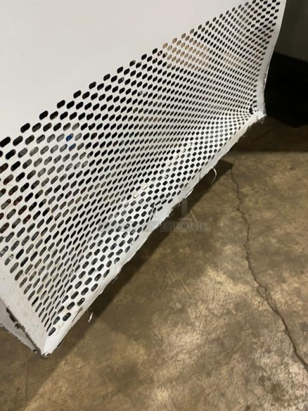 Custom Cool LB93SC 93" stainless steel worktop table with 3 refrigerated doors. Includes built-in pan rack and casters. Like new.