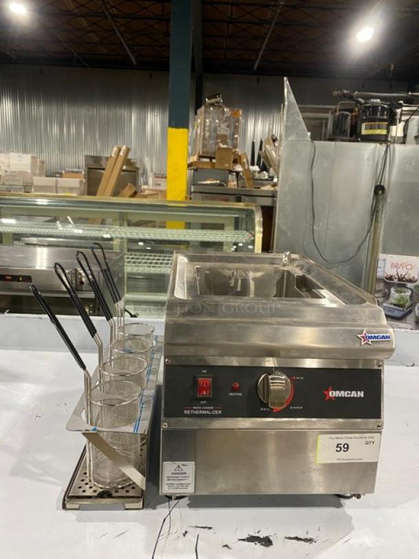 Omcan stainless steel electric pasta cooker, Model 41882, with basket holder and mesh basket. Countertop, 240V, commercial use.