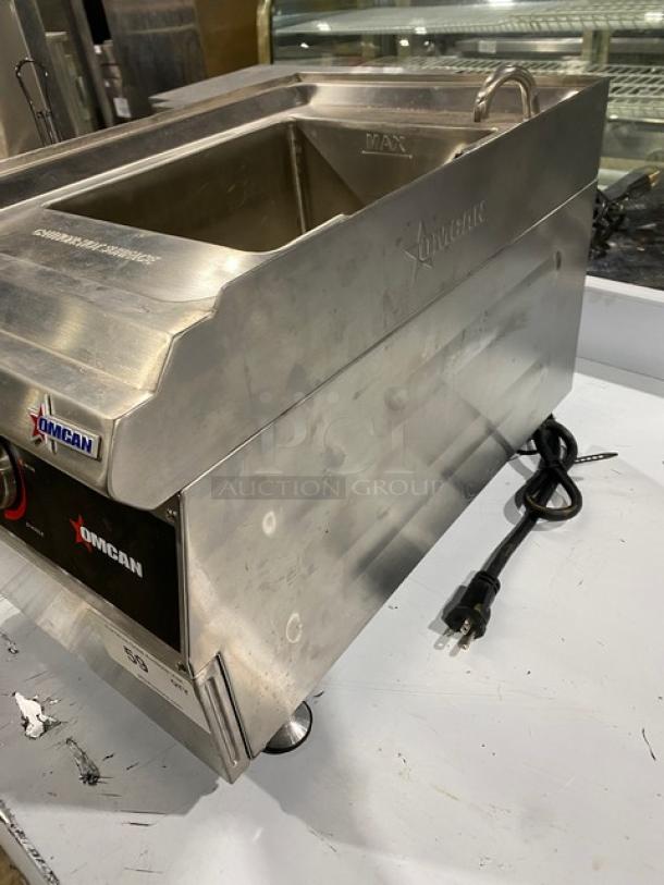 Omcan Commercial Stainless Steel Electric Pasta Cooker, Model 41882, with basket holder, 240V. Features include plug-in cord, durable design.