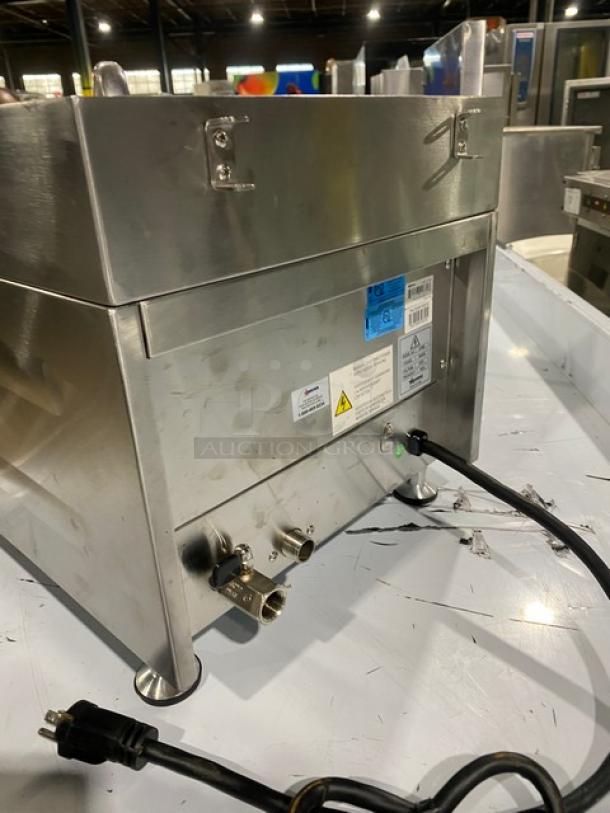 Omcan 41882 Stainless Steel Electric Countertop Pasta Cooker, single tank, 240V. Includes basket holder and mesh basket.