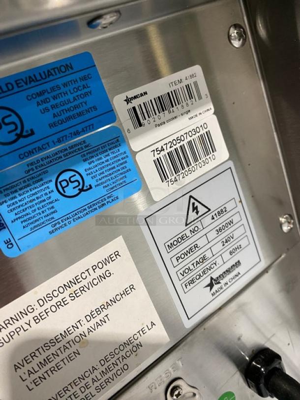 Omcan Commercial Stainless Steel Electric Pasta Cooker Model 41882, 240V, with mesh basket holder; labels show compliance info.