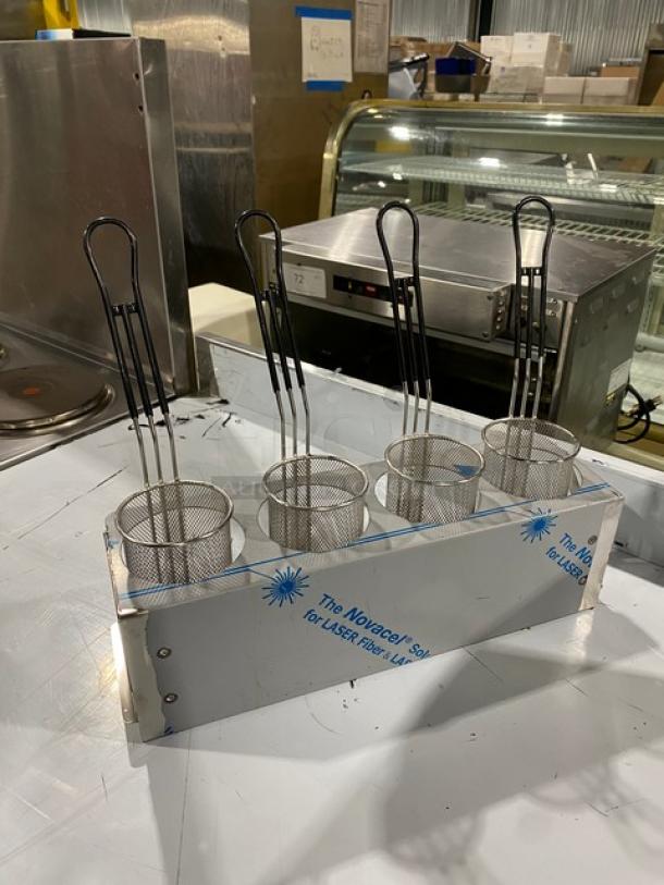 Omcan Model 41882 countertop pasta cooker, electric-powered with basket holder and mesh baskets, stainless steel, 240V.