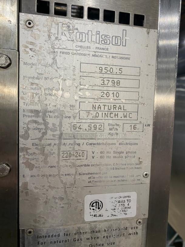 Rotisol 9505 rotisserie oven label showing model 950.5, SN: 3798, 220-240V, natural gas specs, in fair condition.