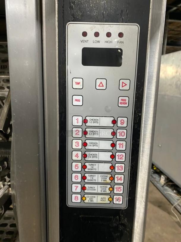 Cleveland Range BMR32 commercial rotisserie oven control panel with program buttons for cooking settings, in used condition.