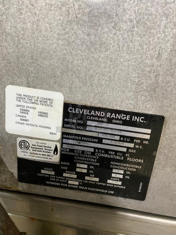 Cleveland Range stainless steel rotisserie convection oven, model BMR-32, serial WC33848-96C-01, with labels.