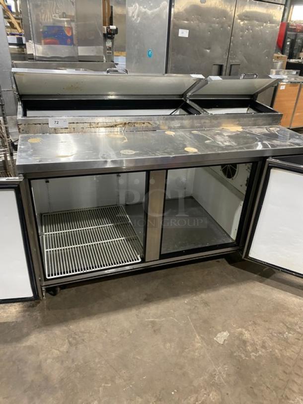 True TPP-67 stainless steel 2-door refrigerated pizza prep table, on casters, used condition, 115V 1 Phase.