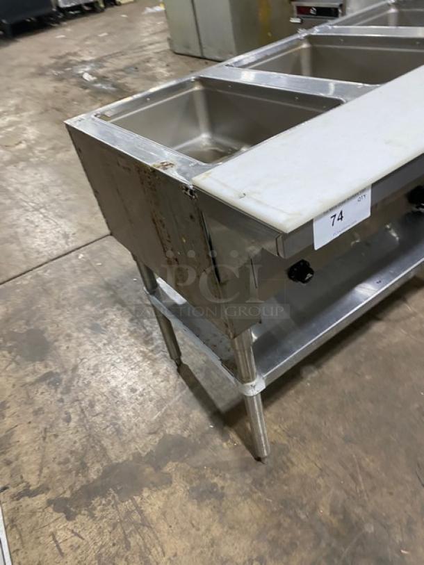 Advance Tabco stainless steel 3-pan drop-in hot food well, model SW3E240SUP, with undershelf, cutting board, 208/240V, used.