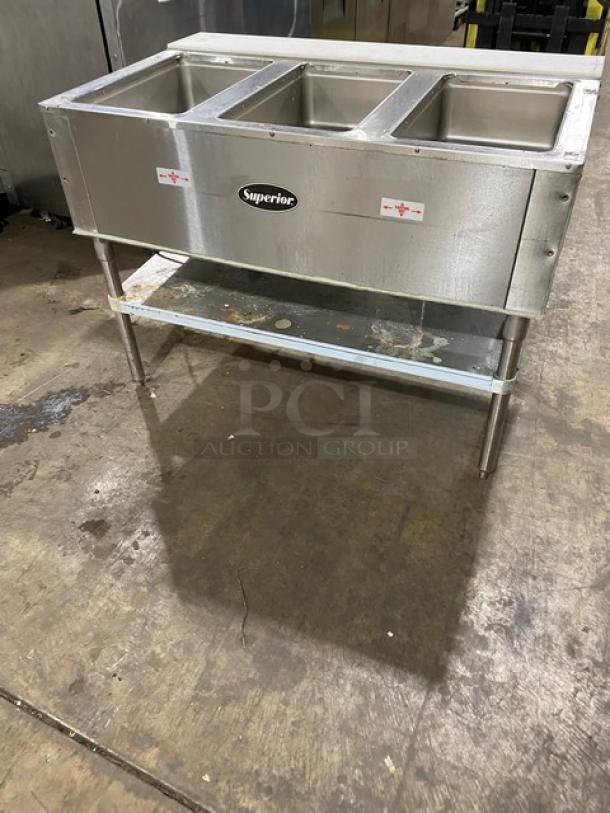 Advance Tabco 3-Pan Drop In Hot Food Well, Model SW-3E-240-SUP, stainless steel, single undershelf, cutting board, electric.