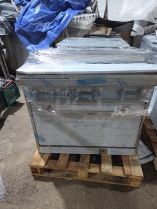 Asber 6B-G gas-powered 6-burner range with full-size oven, new condition, scratch-n-dent, wrapped on pallet.